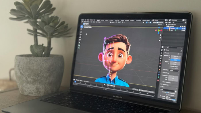3D character design on laptop with Blender software