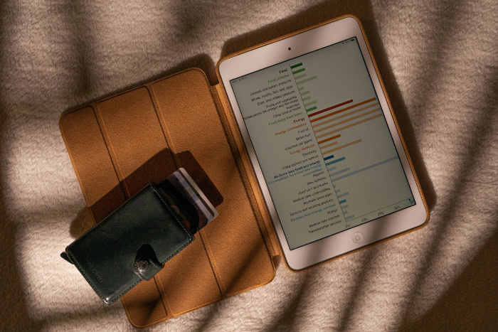 iPad with brown folio case and wallet on blanket